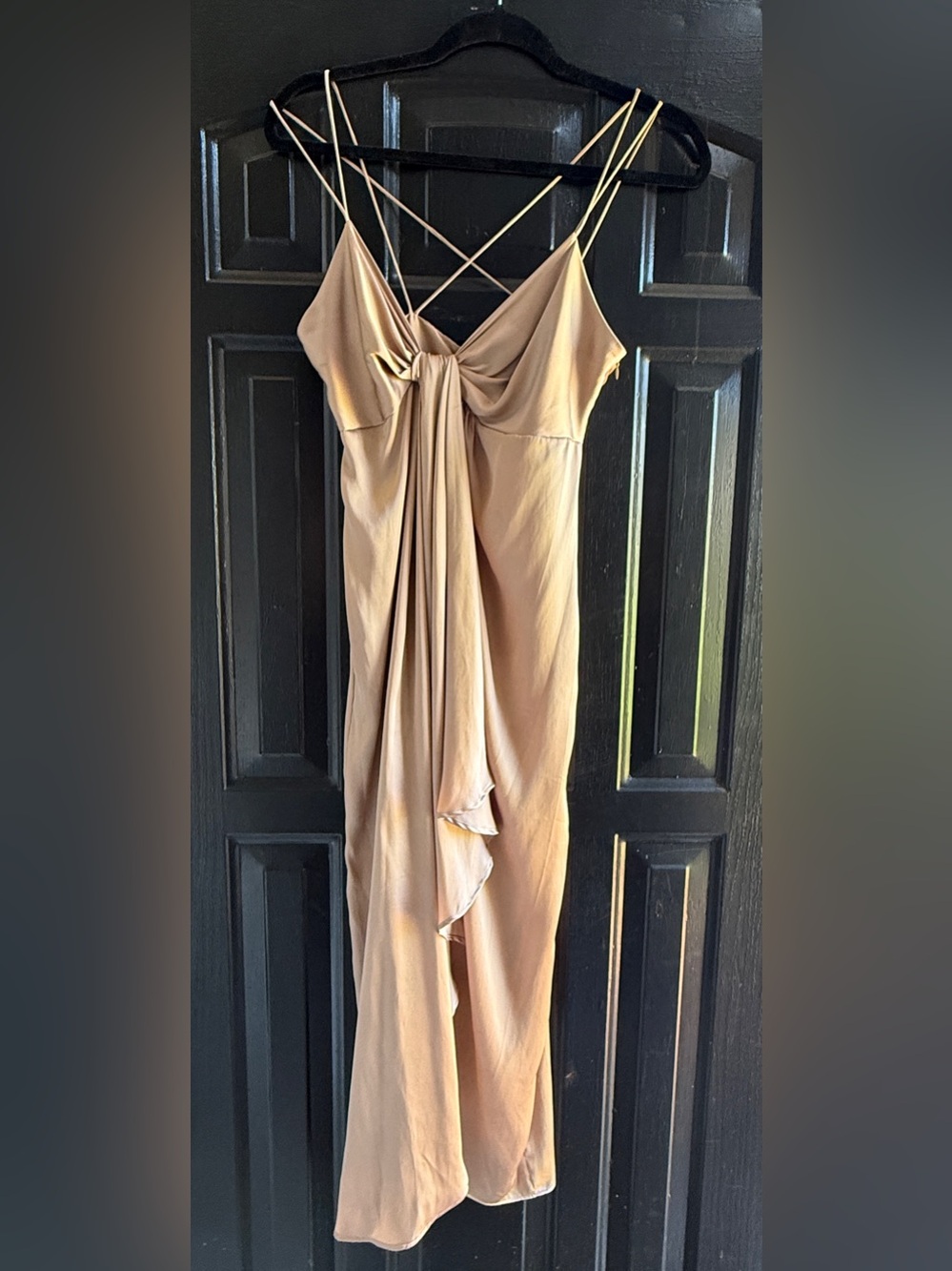 Zara Beige Strapless Ruffle-Front Slip Dress with Crisscross Straps